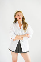 Roen Oversized Button Down Long Sleeve Top in White