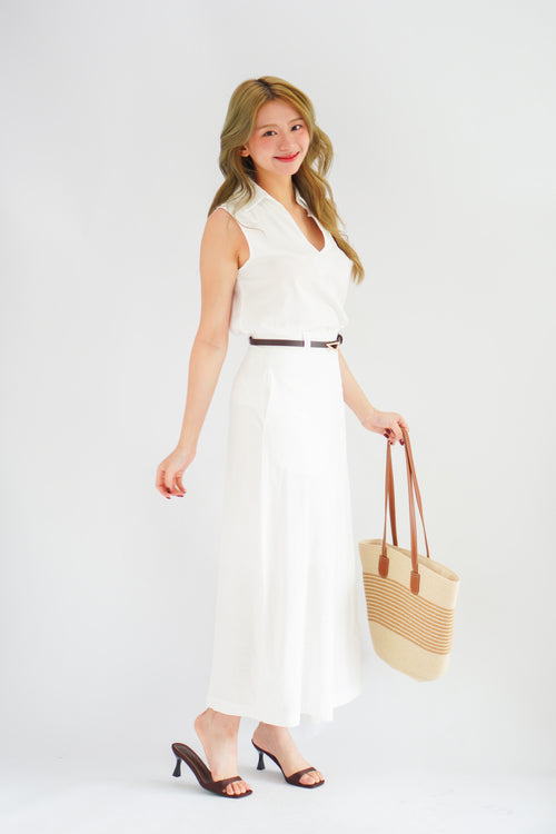 Norae Collar V Neck 2 Piece Linen Skirt Set in White