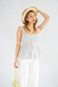 Amalie Linen Button Down Peplum Top in Blue Stripes