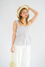 Amalie Linen Button Down Peplum Top in Blue Stripes