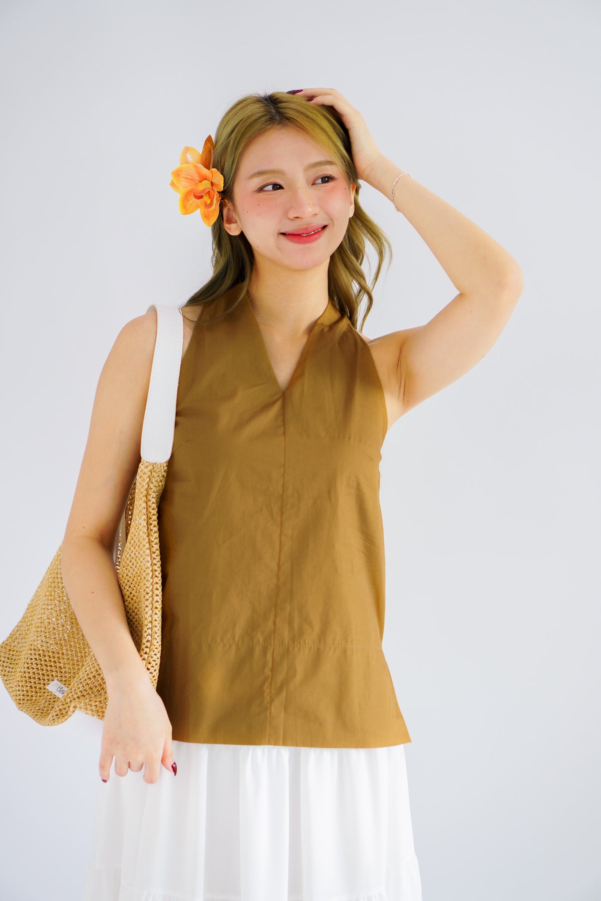 Maliah V Neck Flowy Top in Khaki Brown