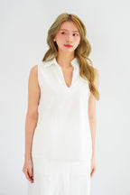 Norae Collar V Neck 2 Piece Linen Skirt Set in White