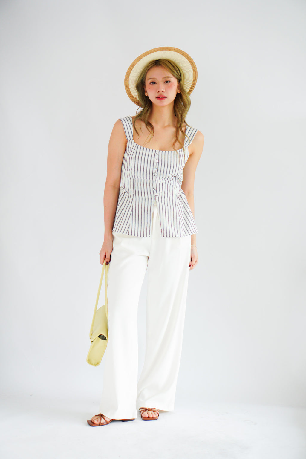 Amalie Linen Button Down Peplum Top in Blue Stripes