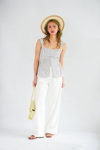 Amalie Linen Button Down Peplum Top in Blue Stripes