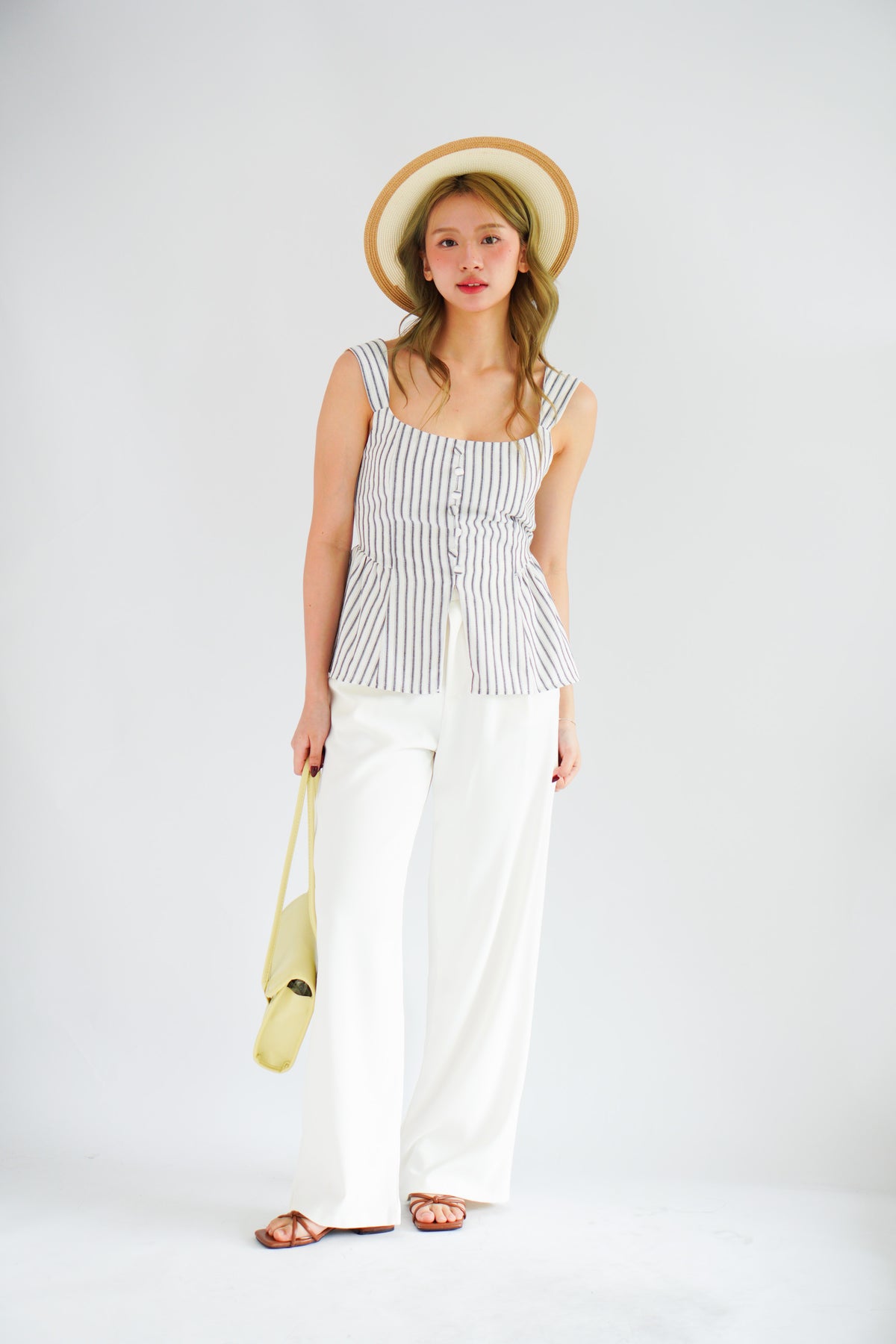 Amalie Linen Button Down Peplum Top in Blue Stripes