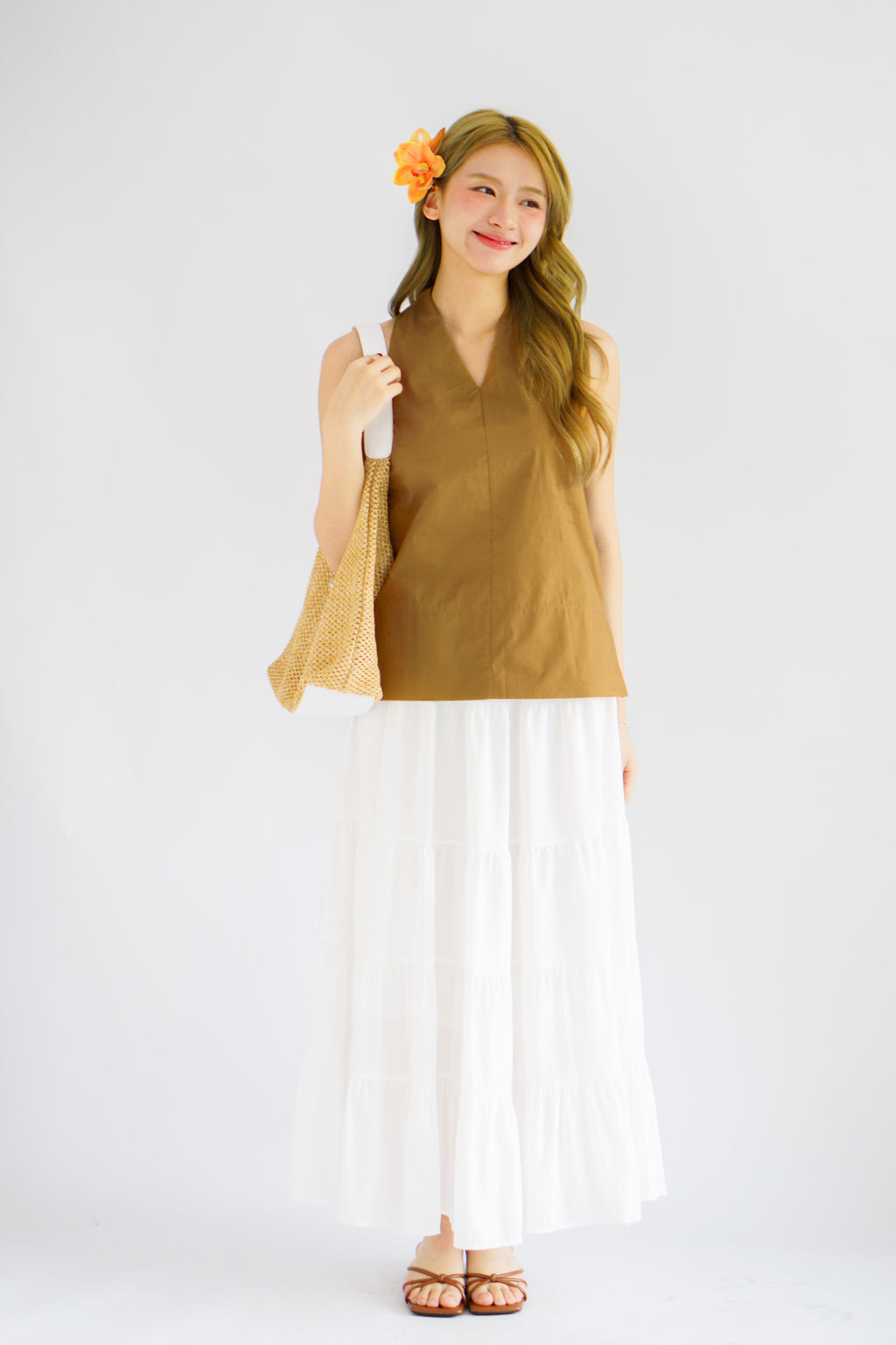 Maliah V Neck Flowy Top in Khaki Brown