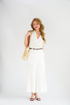 Norae Collar V Neck 2 Piece Linen Skirt Set in White