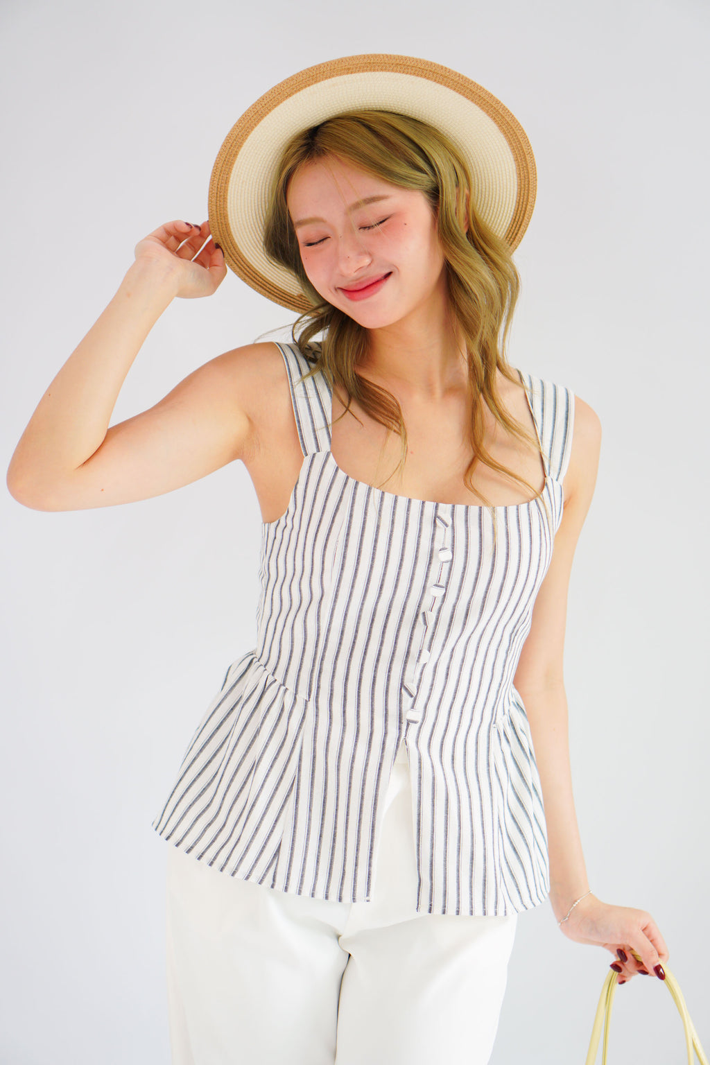 Amalie Linen Button Down Peplum Top in Blue Stripes