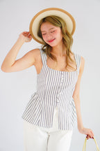 Amalie Linen Button Down Peplum Top in Blue Stripes
