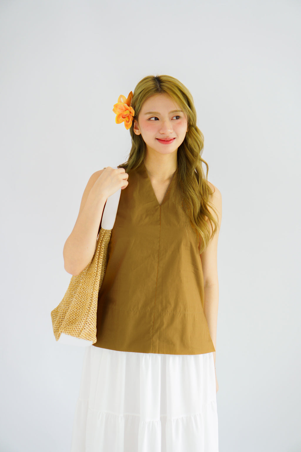 Maliah V Neck Flowy Top in Khaki Brown