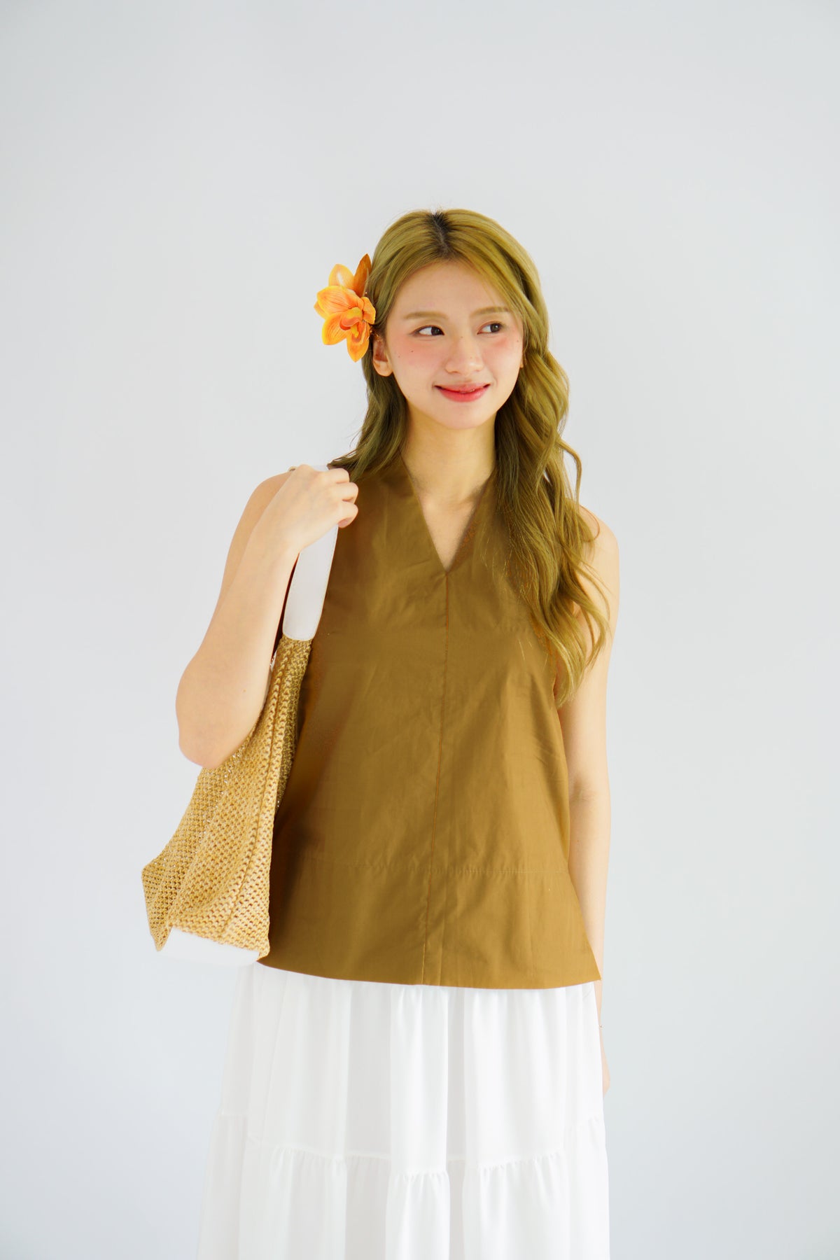 Maliah V Neck Flowy Top in Khaki Brown