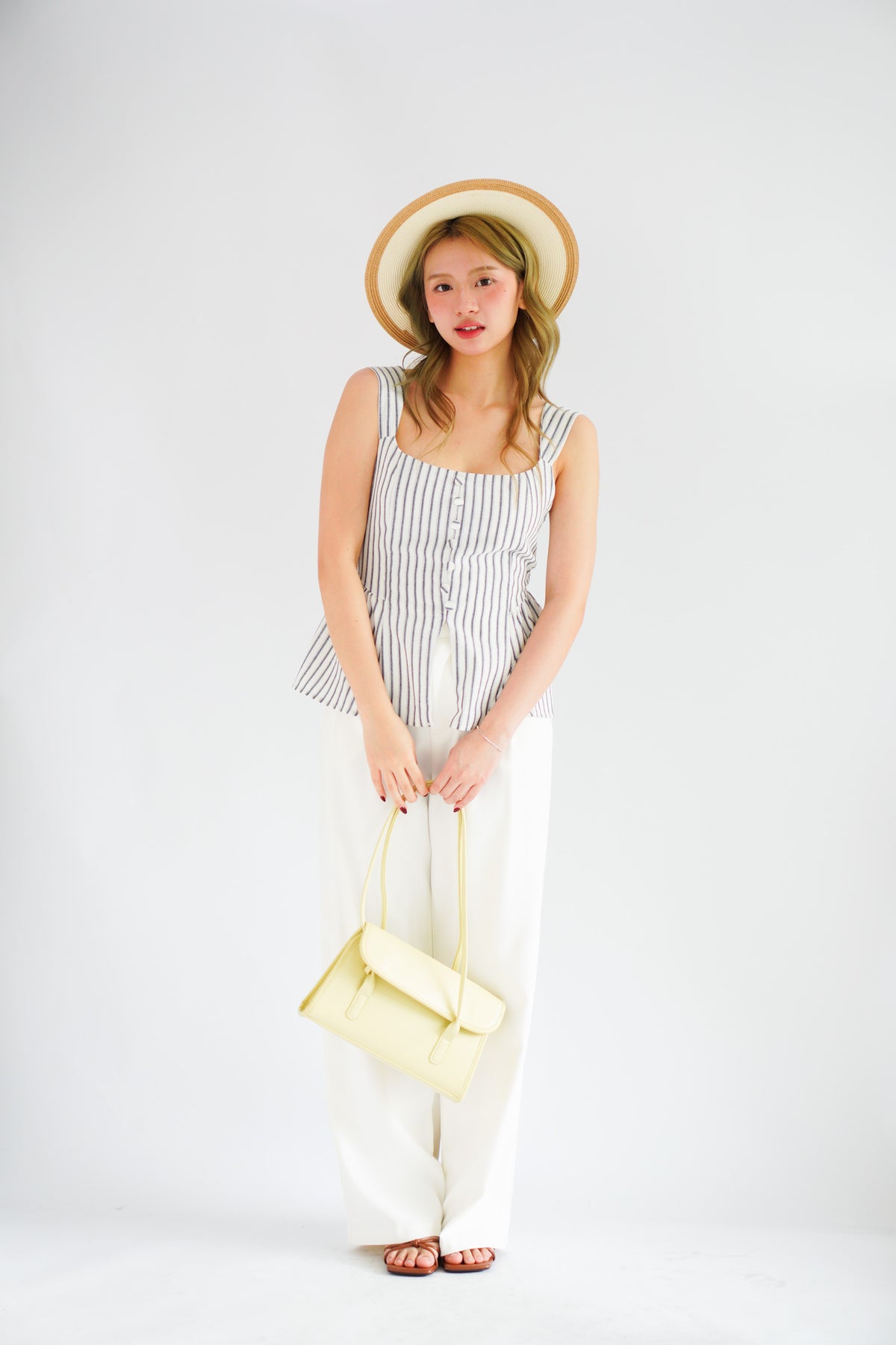 Amalie Linen Button Down Peplum Top in Blue Stripes
