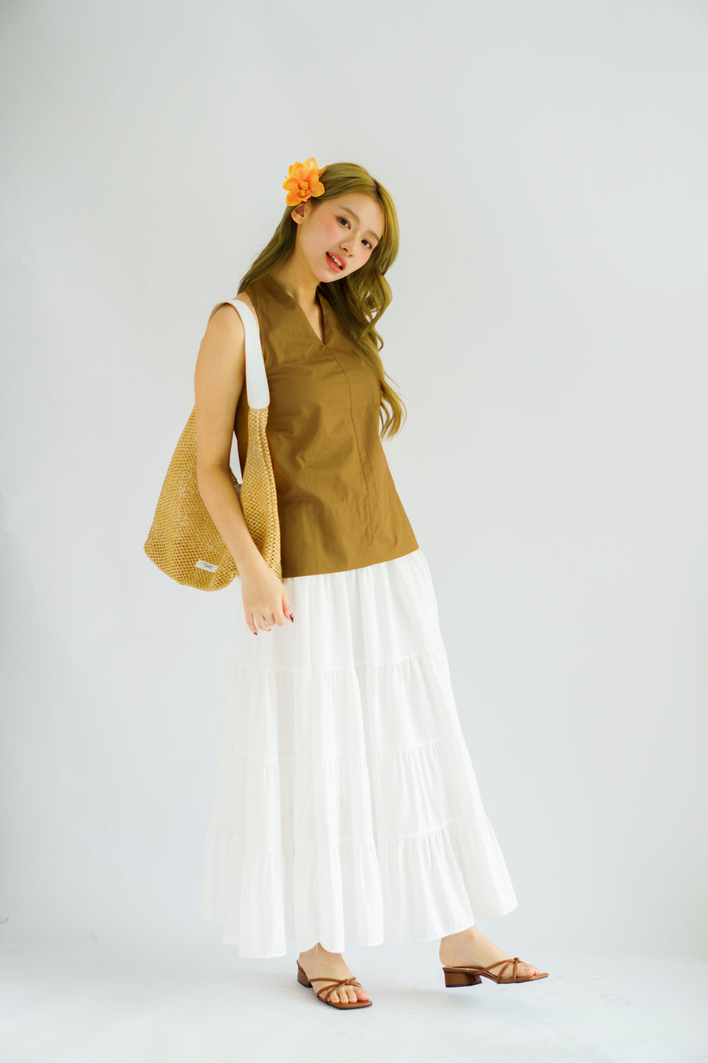 Maliah V Neck Flowy Top in Khaki Brown