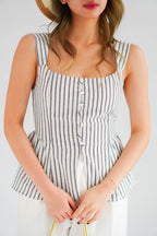 Amalie Linen Button Down Peplum Top in Blue Stripes