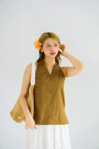 Maliah V Neck Flowy Top in Khaki Brown