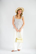 Amalie Linen Button Down Peplum Top in Blue Stripes