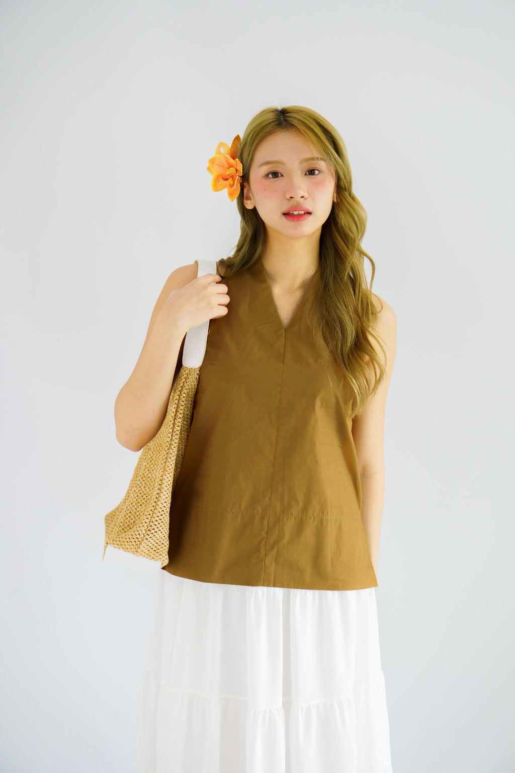 Maliah V Neck Flowy Top in Khaki Brown