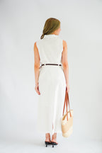Norae Collar V Neck 2 Piece Linen Skirt Set in White