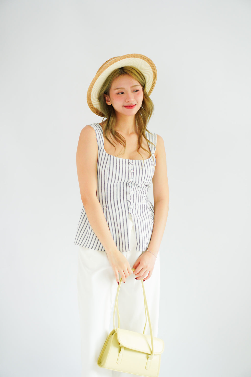 Amalie Linen Button Down Peplum Top in Blue Stripes