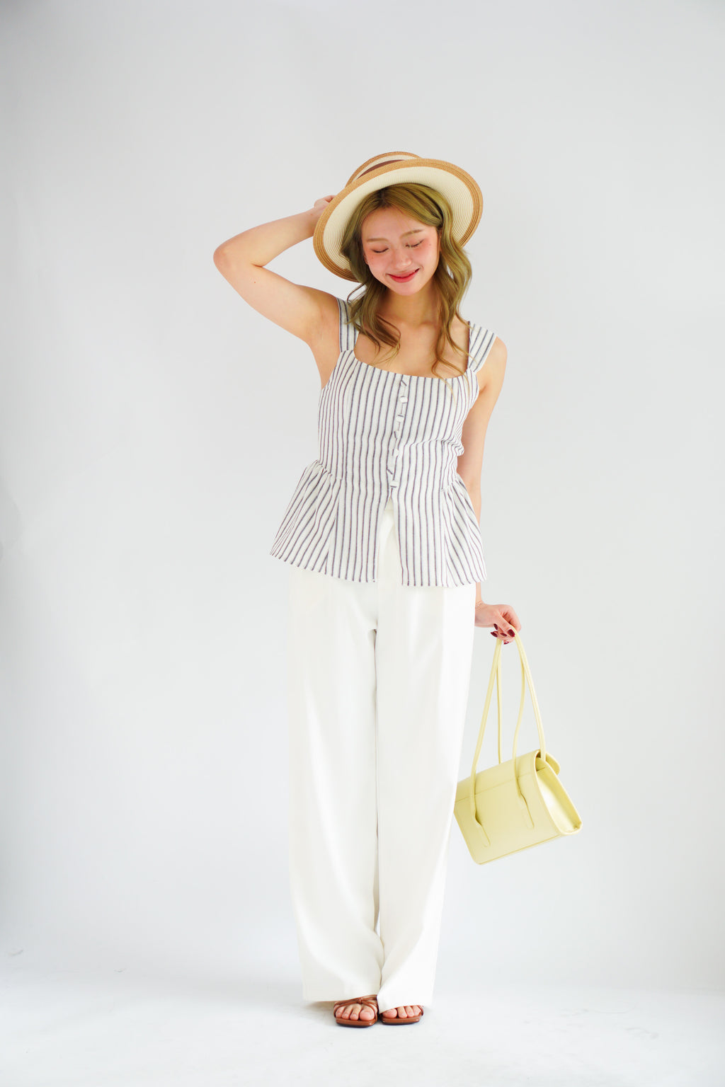 Amalie Linen Button Down Peplum Top in Blue Stripes