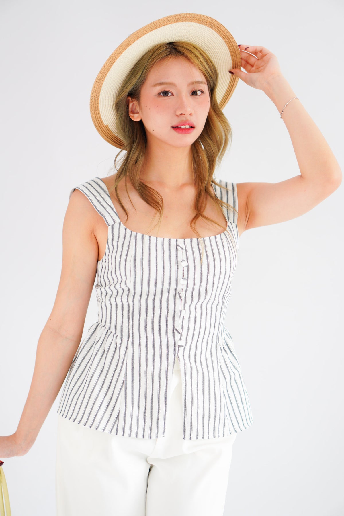 Amalie Linen Button Down Peplum Top in Blue Stripes