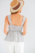 Amalie Linen Button Down Peplum Top in Blue Stripes