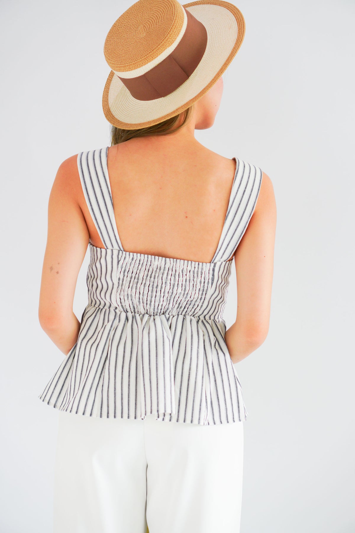 Amalie Linen Button Down Peplum Top in Blue Stripes