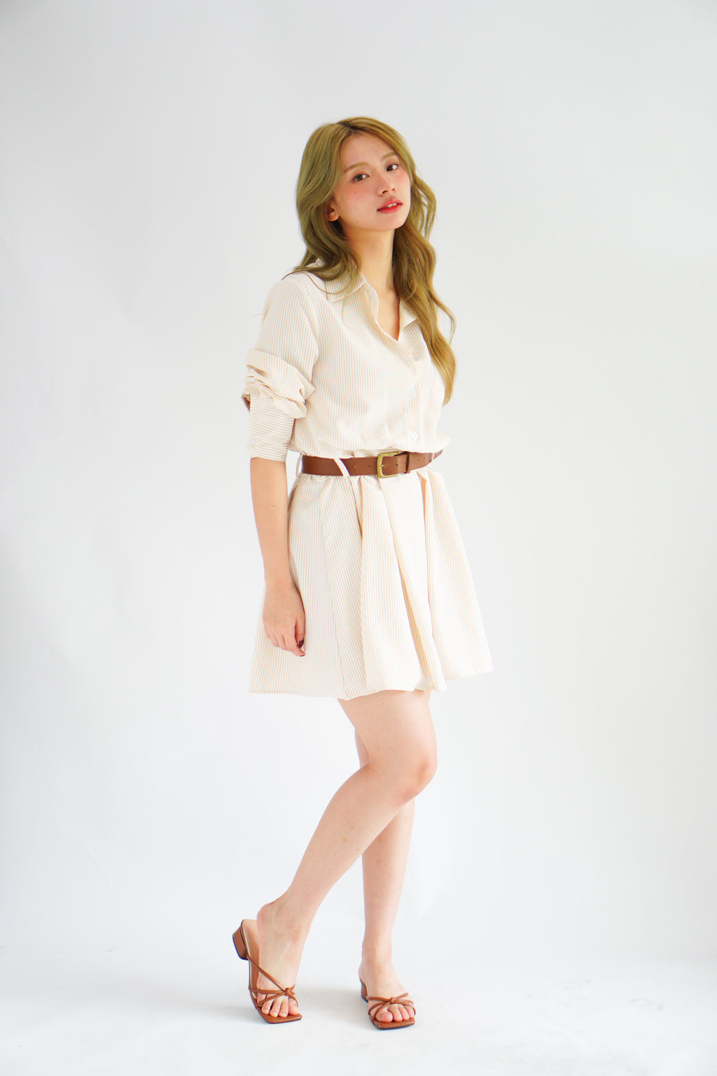 (BACKORDER) Edith Stripes Collar Button Long Sleeve Dress with Belt in Cream and Light Khaki