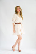 (BACKORDER) Edith Stripes Collar Button Long Sleeve Dress with Belt in Cream and Light Khaki
