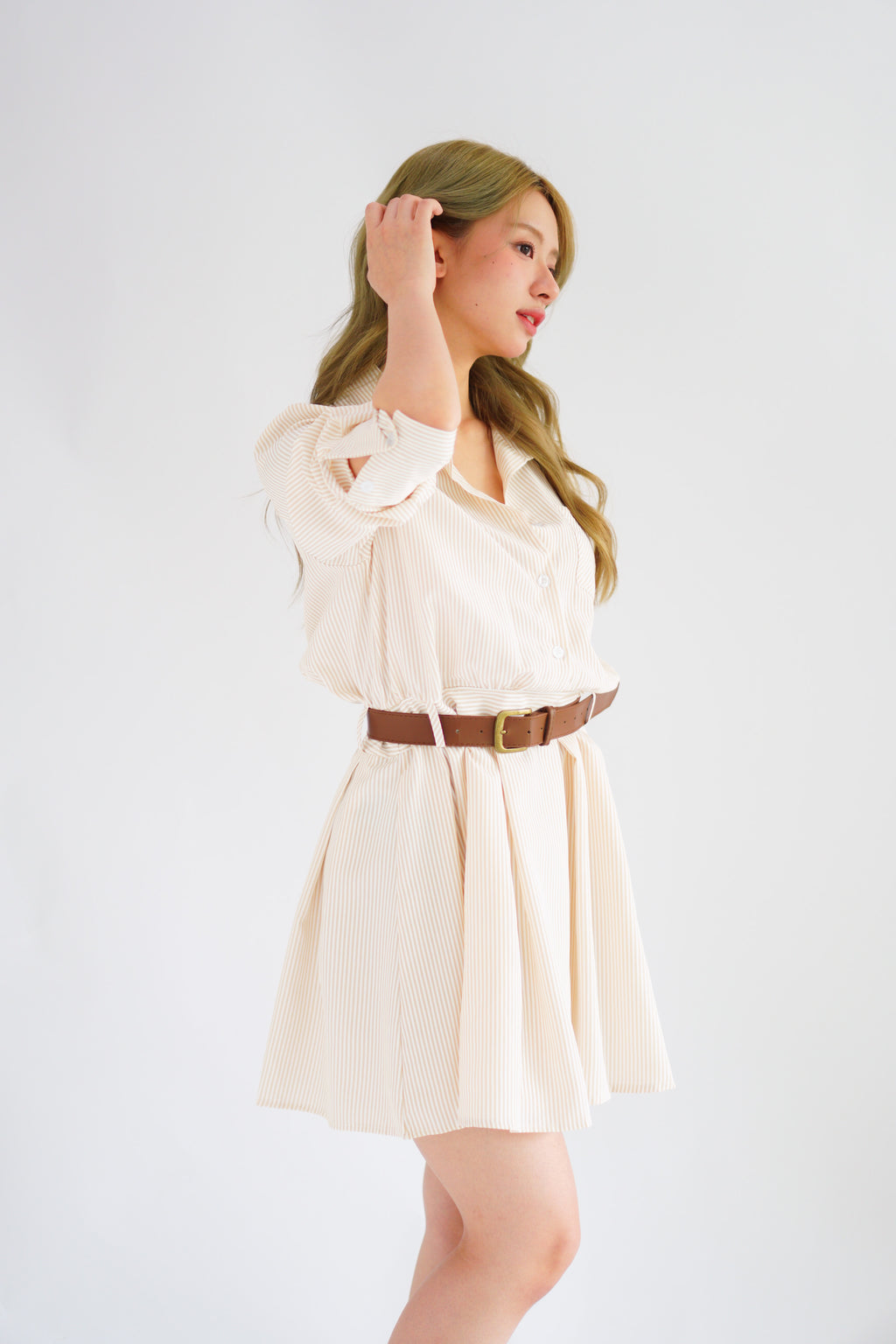 (BACKORDER) Edith Stripes Collar Button Long Sleeve Dress with Belt in Cream and Light Khaki