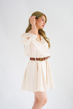 (BACKORDER) Edith Stripes Collar Button Long Sleeve Dress with Belt in Cream and Light Khaki