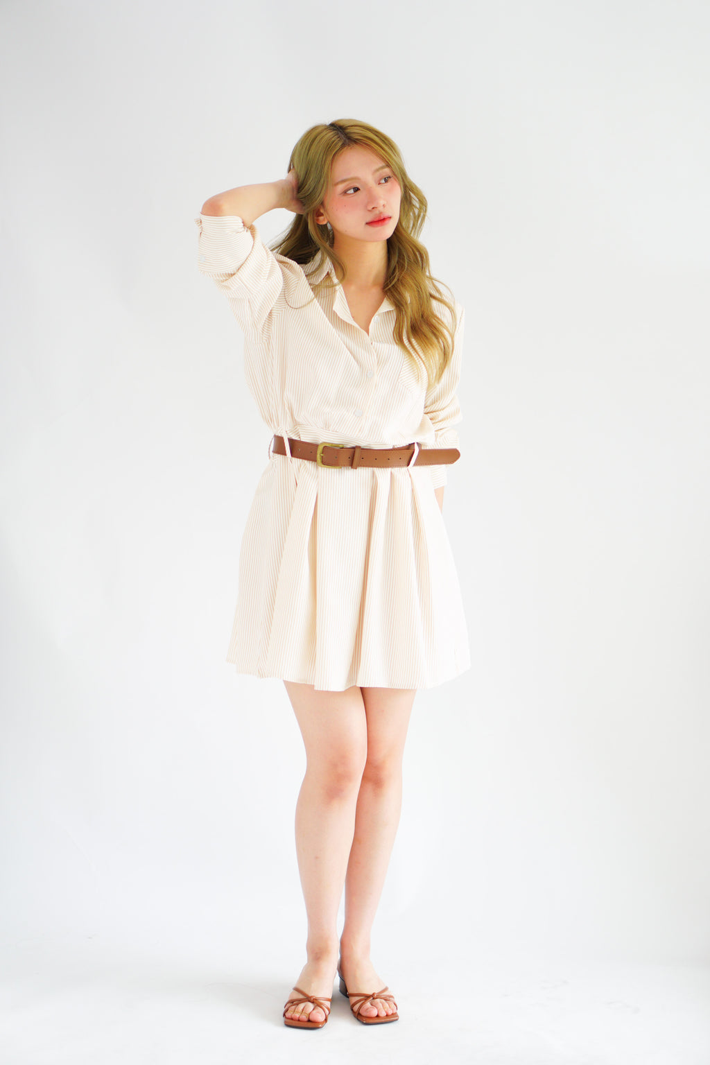 (BACKORDER) Edith Stripes Collar Button Long Sleeve Dress with Belt in Cream and Light Khaki