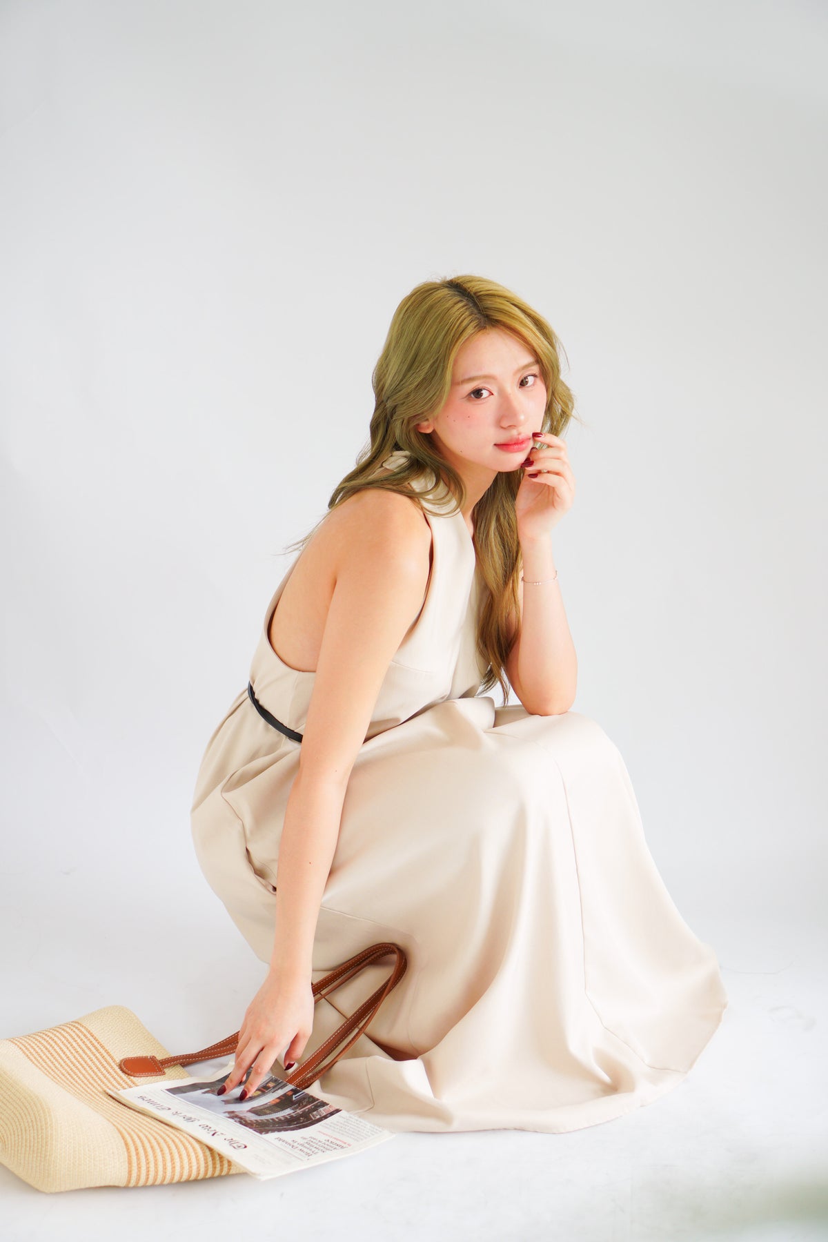 Isla V Neck Halter Dress with Belt in Beige