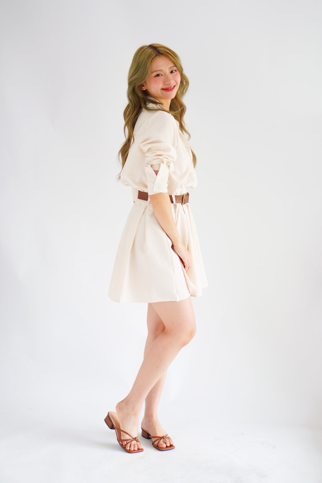 (BACKORDER) Edith Stripes Collar Button Long Sleeve Dress with Belt in Cream and Light Khaki