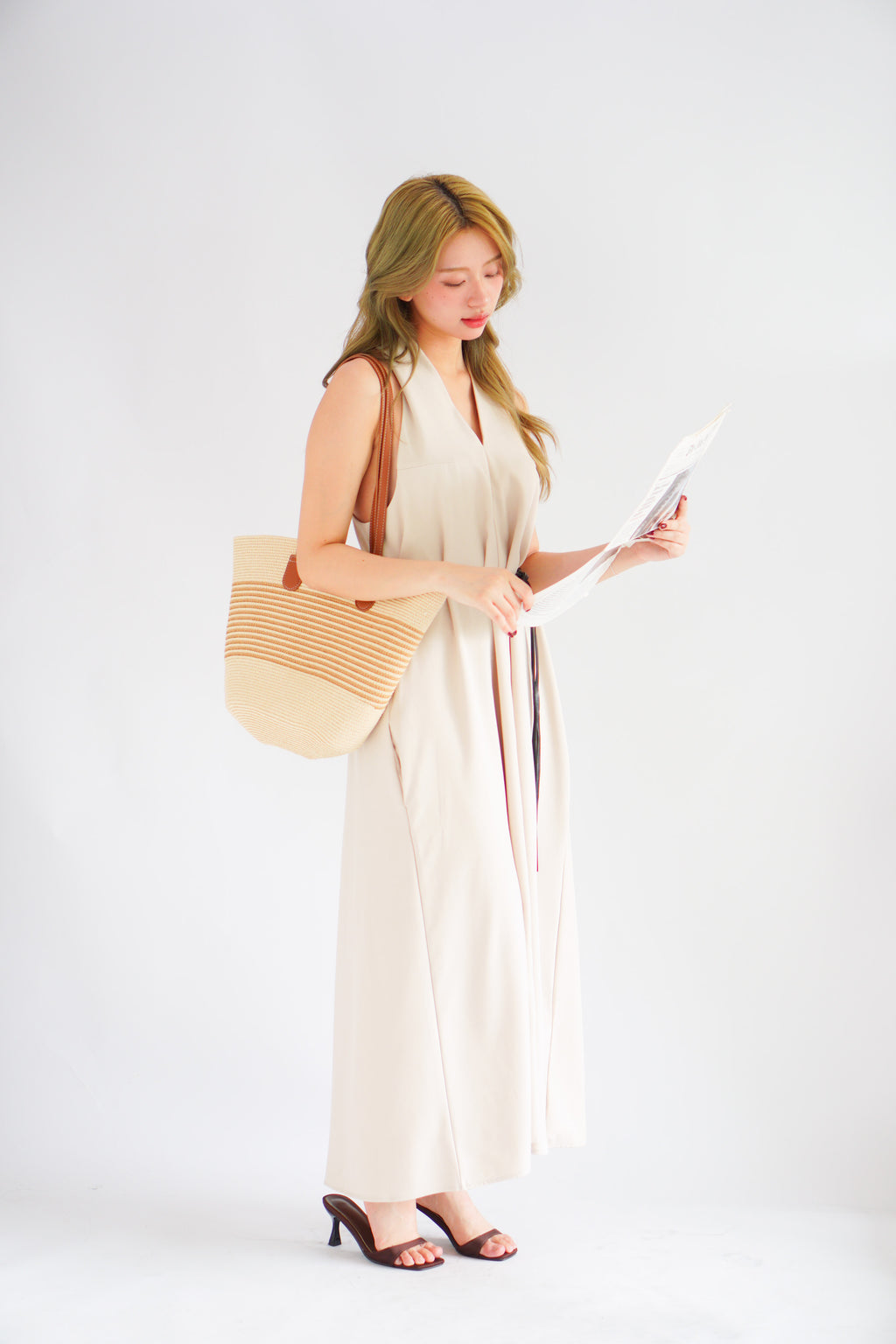 Isla V Neck Halter Dress with Belt in Beige