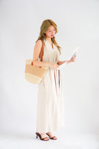 Isla V Neck Halter Dress with Belt in Beige