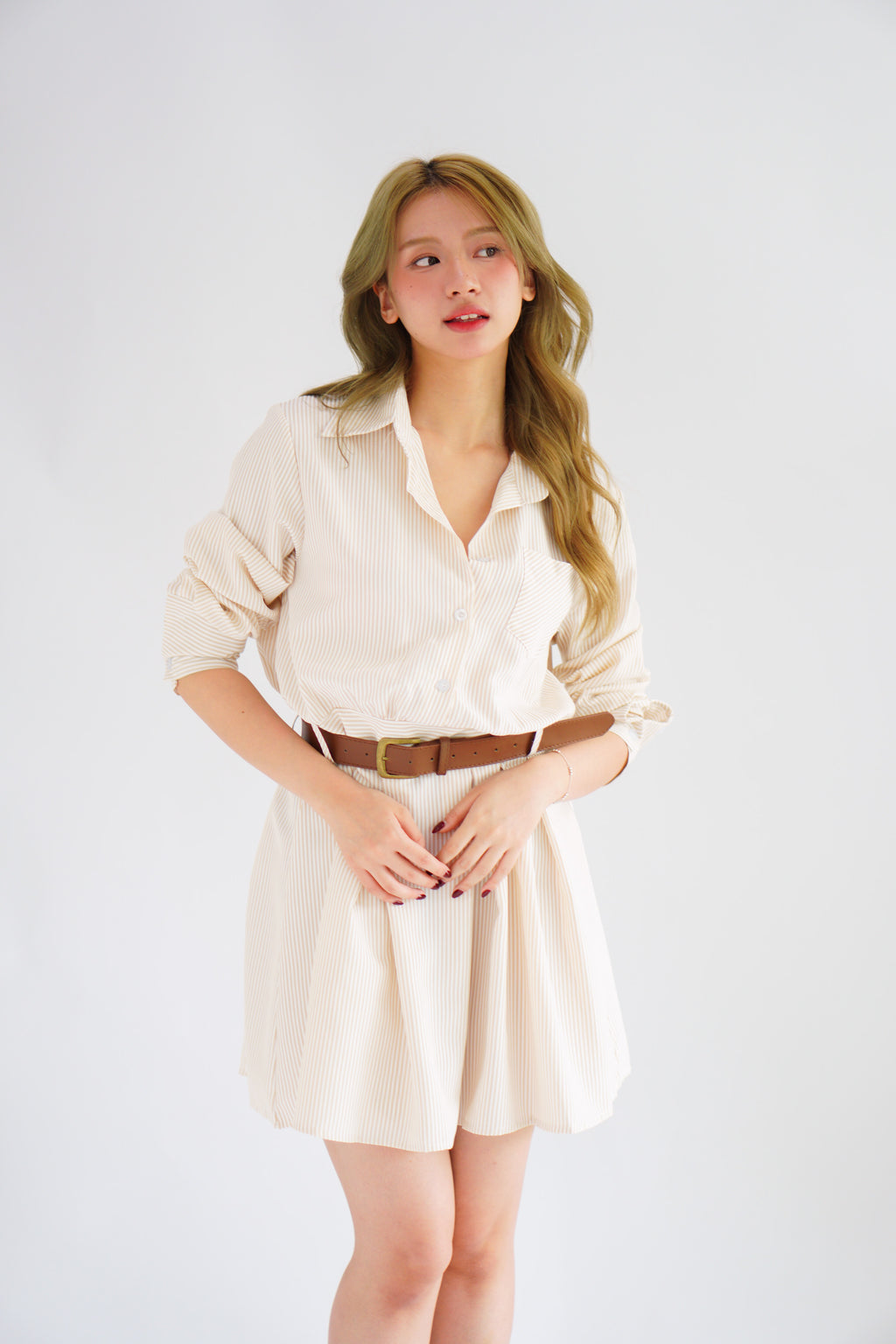 (BACKORDER) Edith Stripes Collar Button Long Sleeve Dress with Belt in Cream and Light Khaki