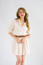 (BACKORDER) Edith Stripes Collar Button Long Sleeve Dress with Belt in Cream and Light Khaki