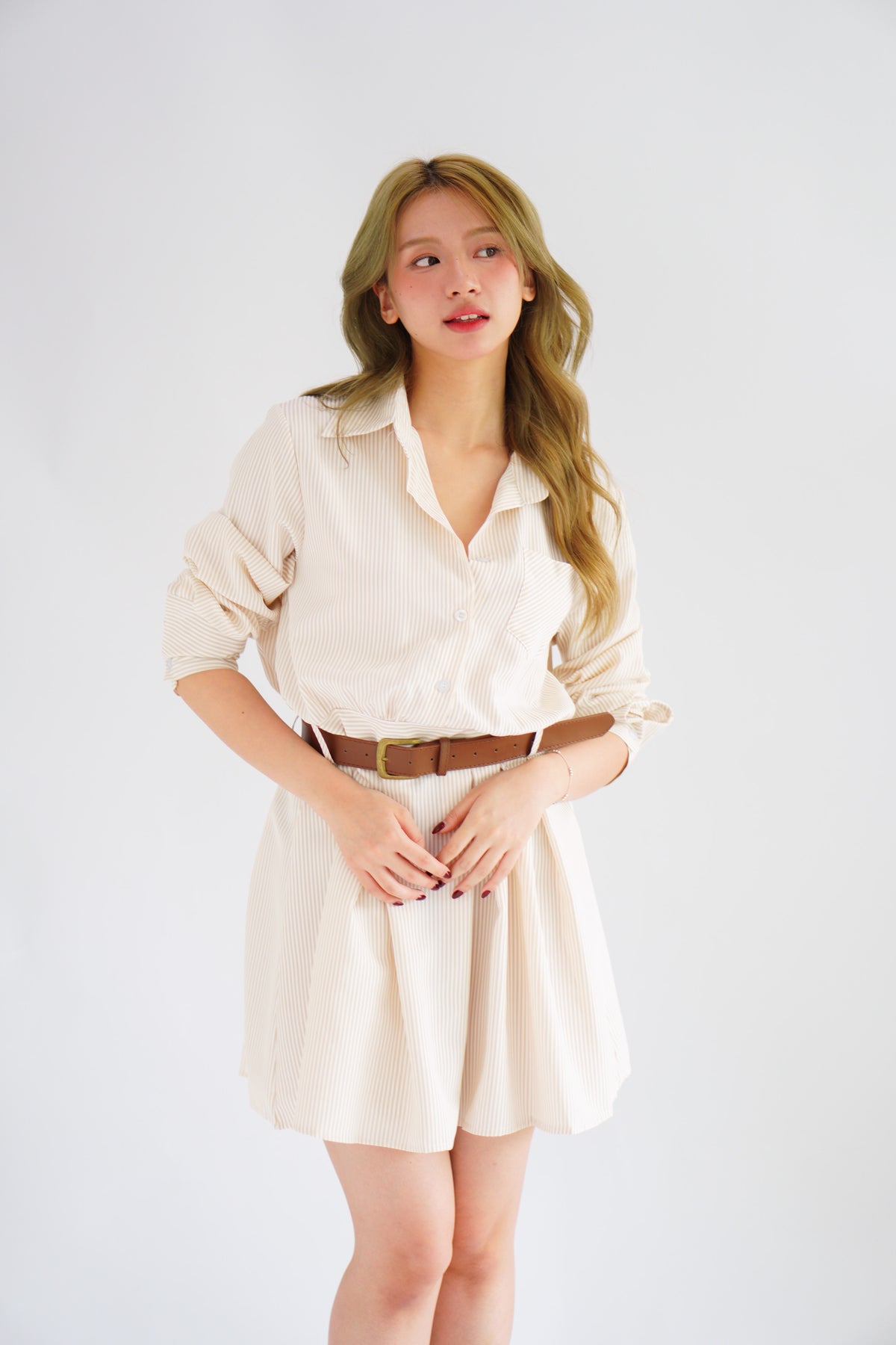 (BACKORDER) Edith Stripes Collar Button Long Sleeve Dress with Belt in Cream and Light Khaki