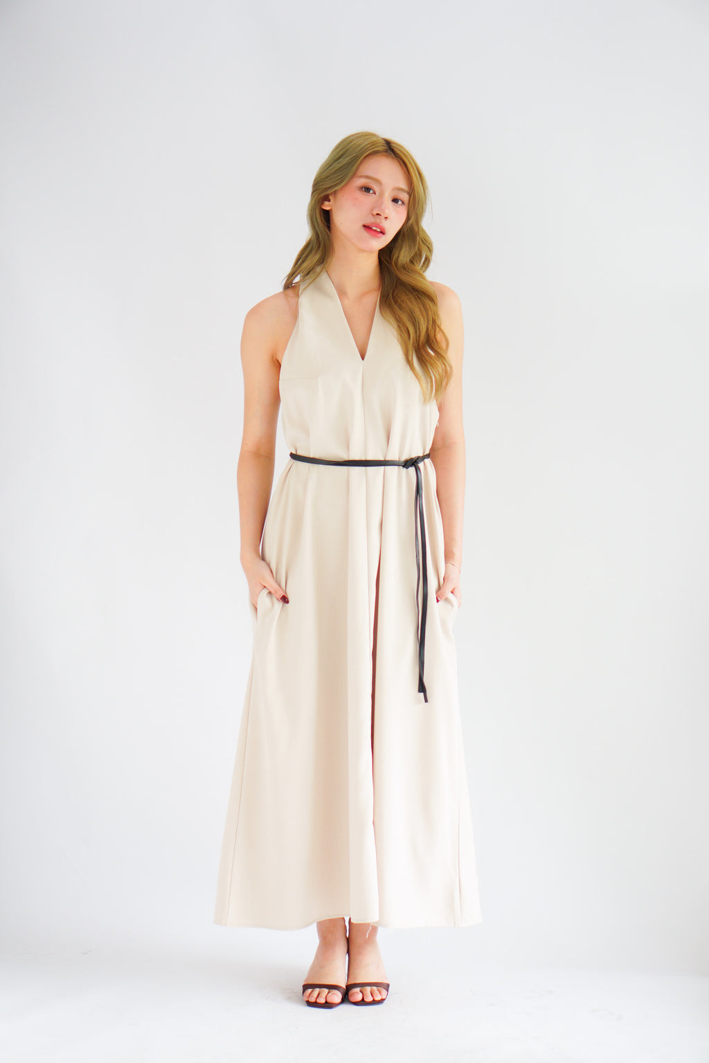 Isla V Neck Halter Dress with Belt in Beige