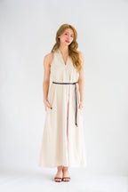 Isla V Neck Halter Dress with Belt in Beige