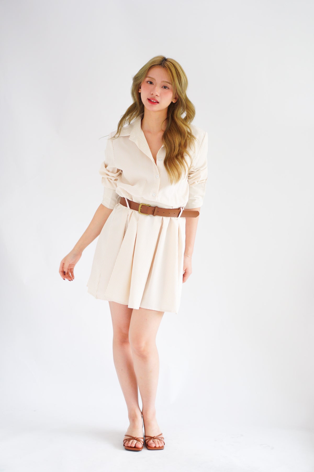 (BACKORDER) Edith Stripes Collar Button Long Sleeve Dress with Belt in Cream and Light Khaki