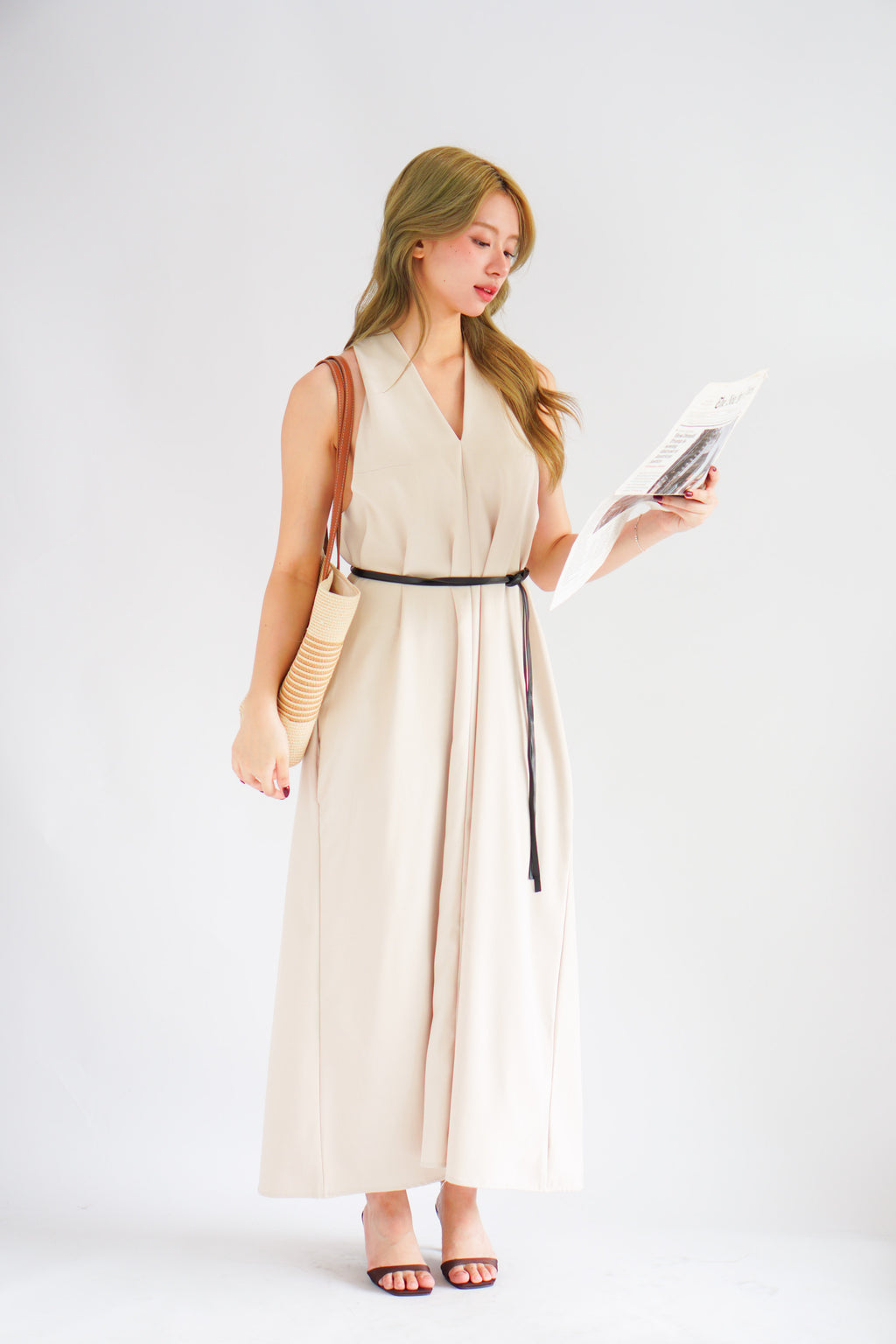Isla V Neck Halter Dress with Belt in Beige