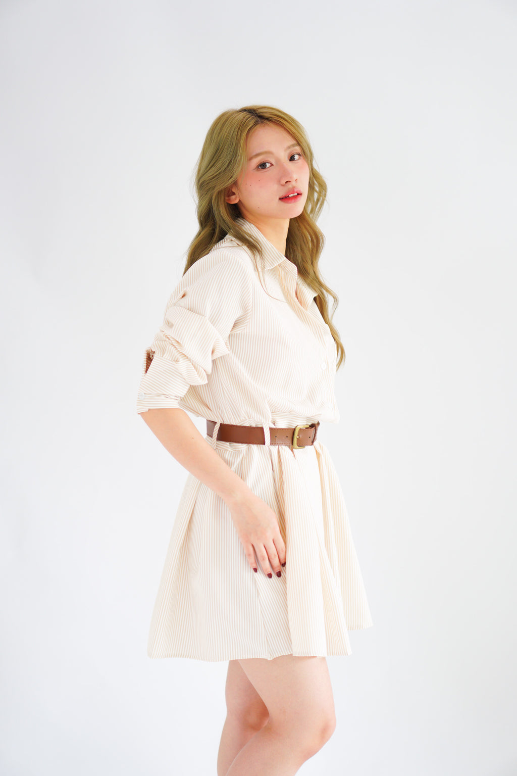 (BACKORDER) Edith Stripes Collar Button Long Sleeve Dress with Belt in Cream and Light Khaki