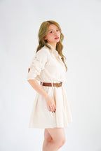 (BACKORDER) Edith Stripes Collar Button Long Sleeve Dress with Belt in Cream and Light Khaki