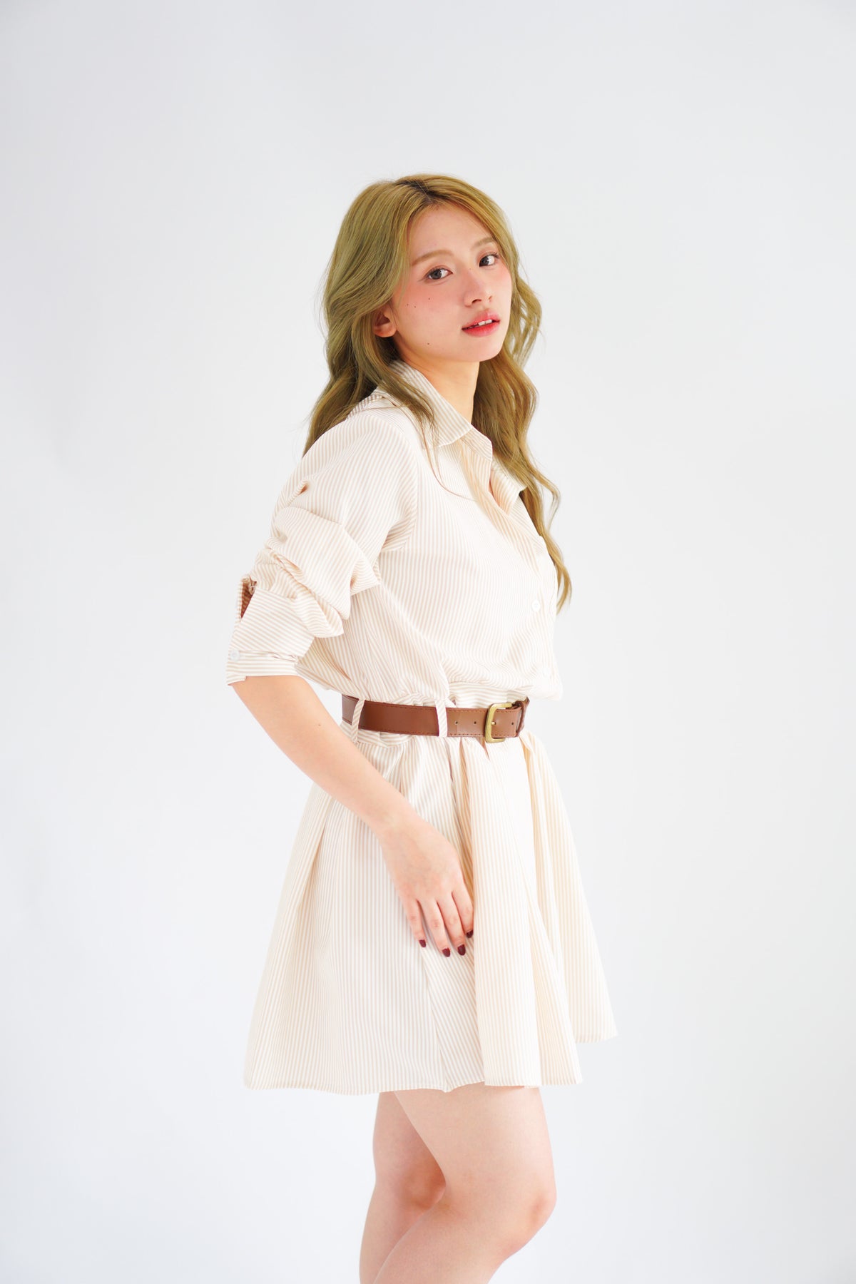 (BACKORDER) Edith Stripes Collar Button Long Sleeve Dress with Belt in Cream and Light Khaki