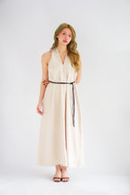 Isla V Neck Halter Dress with Belt in Beige