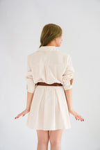 (BACKORDER) Edith Stripes Collar Button Long Sleeve Dress with Belt in Cream and Light Khaki