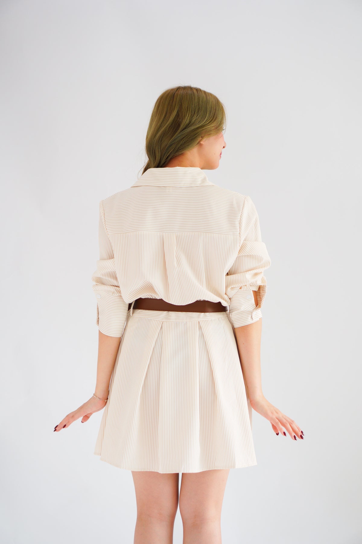 (BACKORDER) Edith Stripes Collar Button Long Sleeve Dress with Belt in Cream and Light Khaki