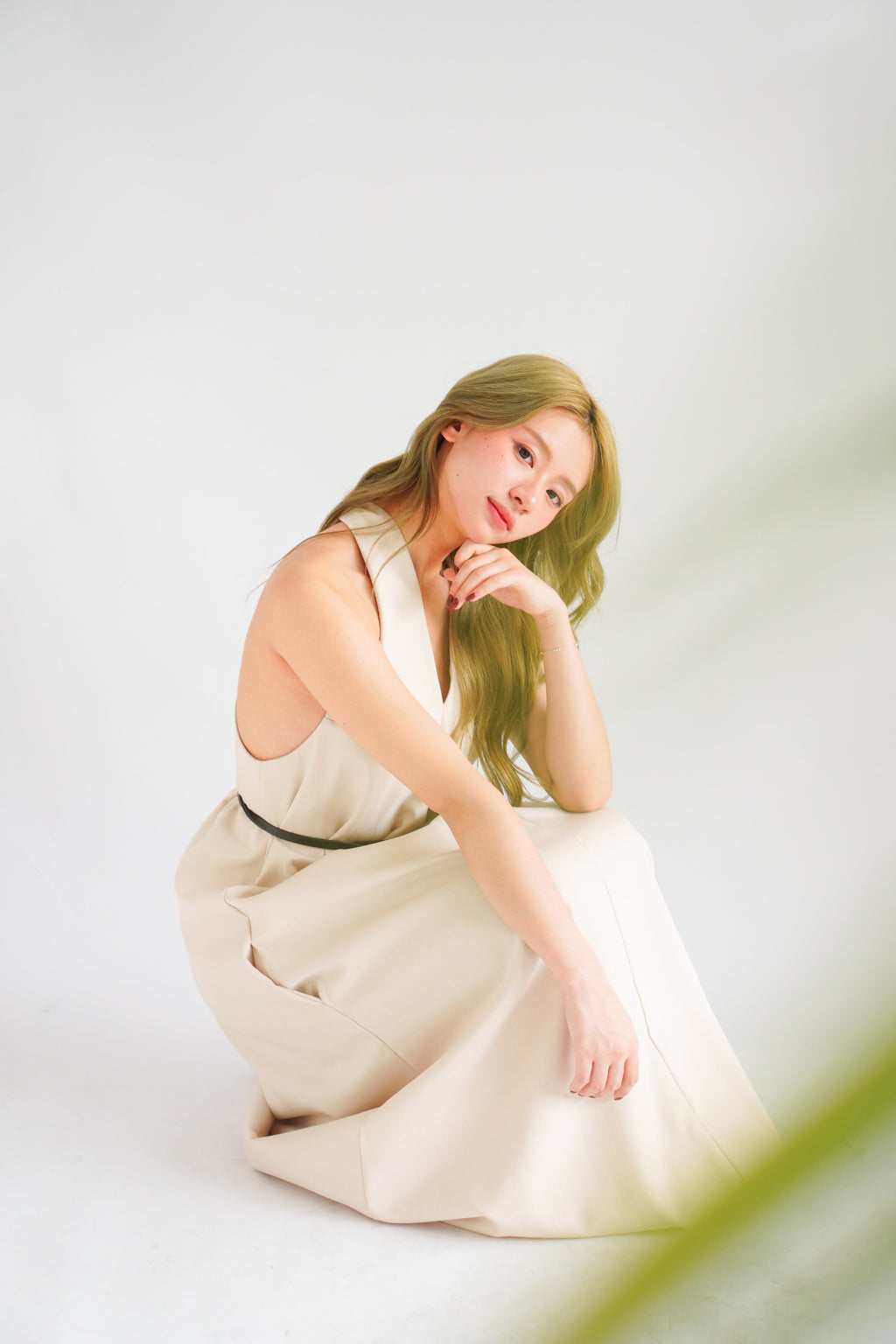 Isla V Neck Halter Dress with Belt in Beige